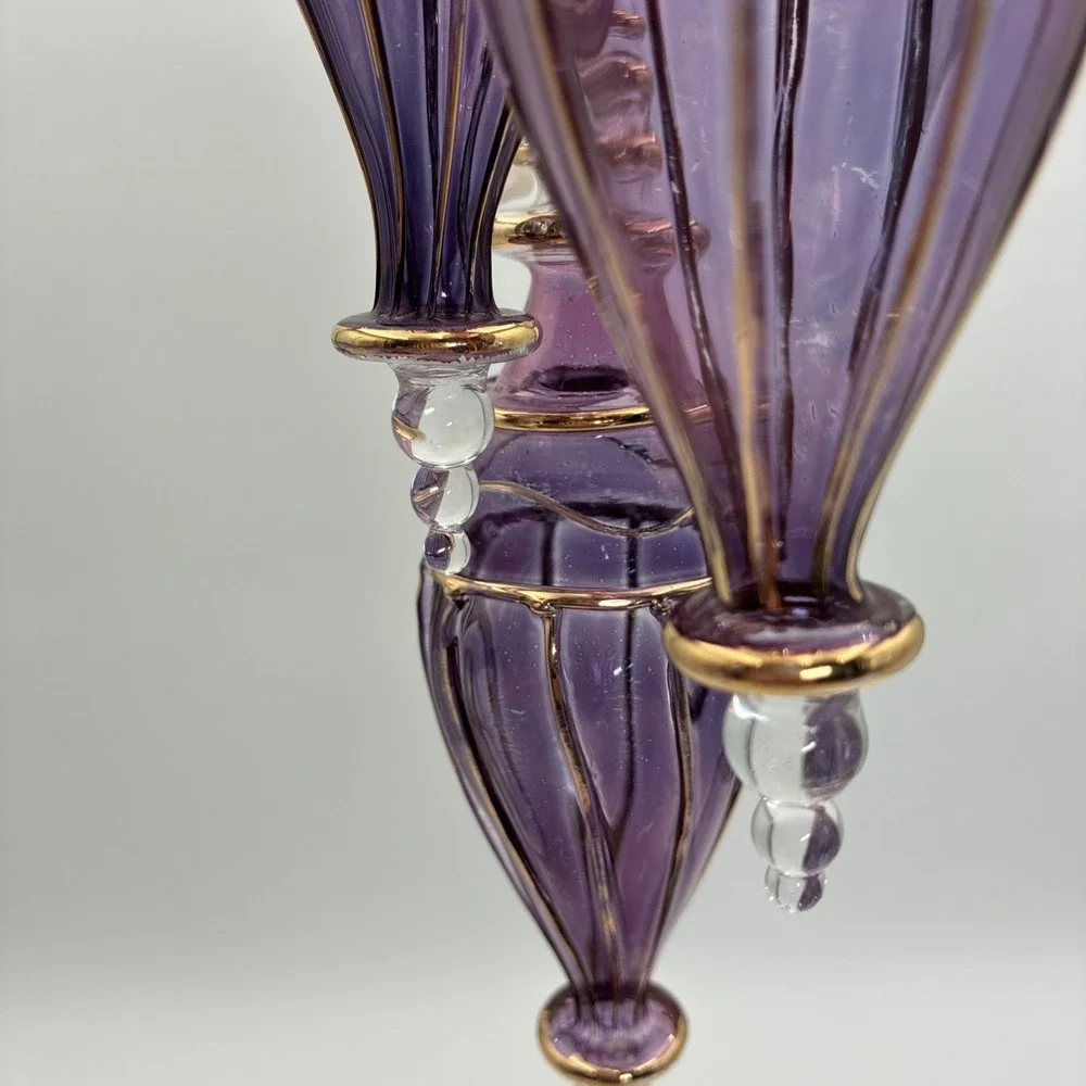 Purple Hand Blown Glass Ornaments Gold Filigree Teardrop Finial Set of 3 6